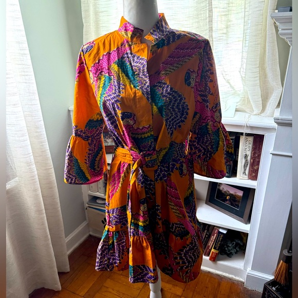 FARM Rio Dresses & Skirts - FARM Rio Beaded Macaws Mini in Orange Cotton Button Up Shirt Dress L